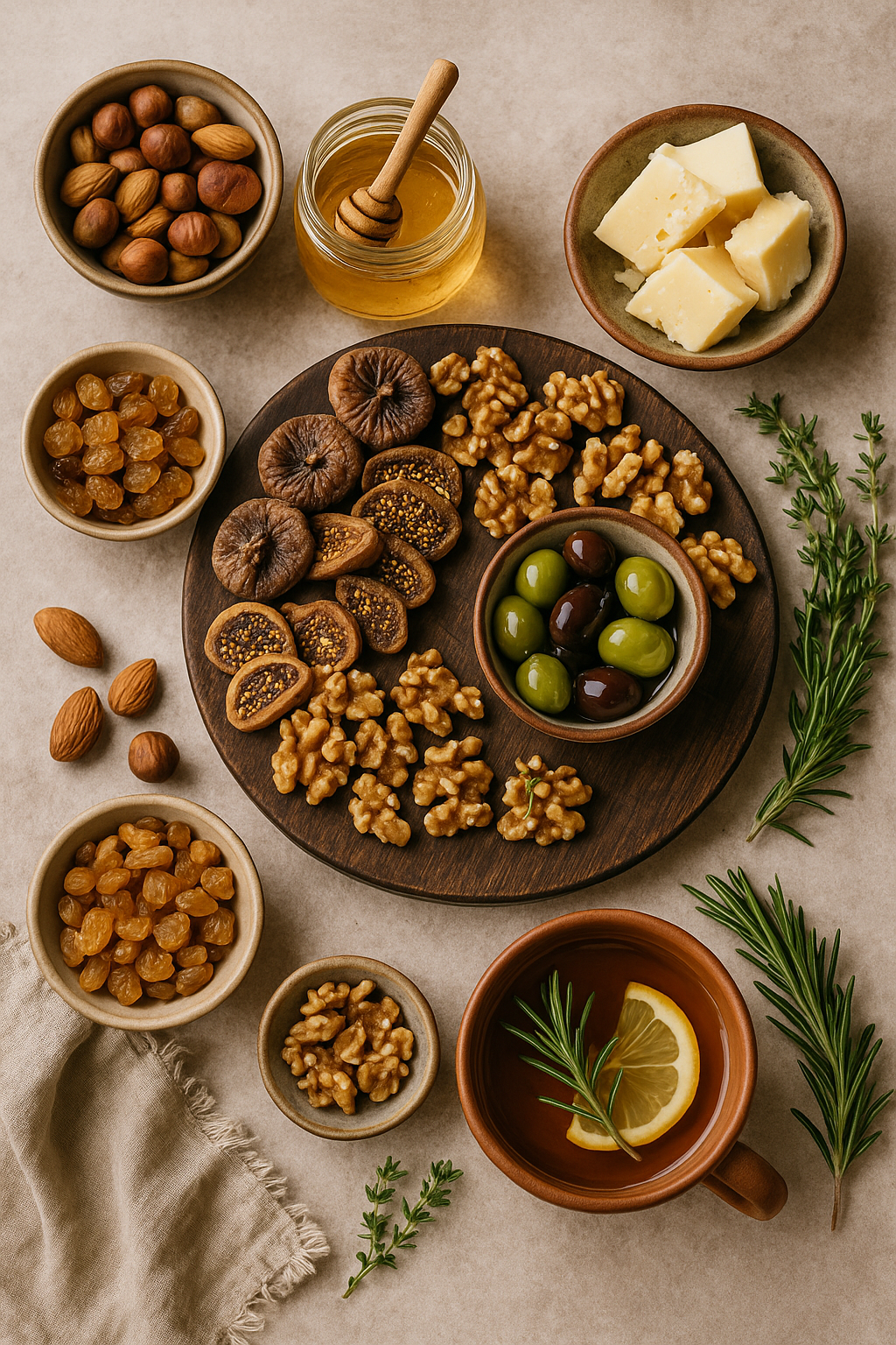 Tabla mediterránea de frutos secos y hierbas